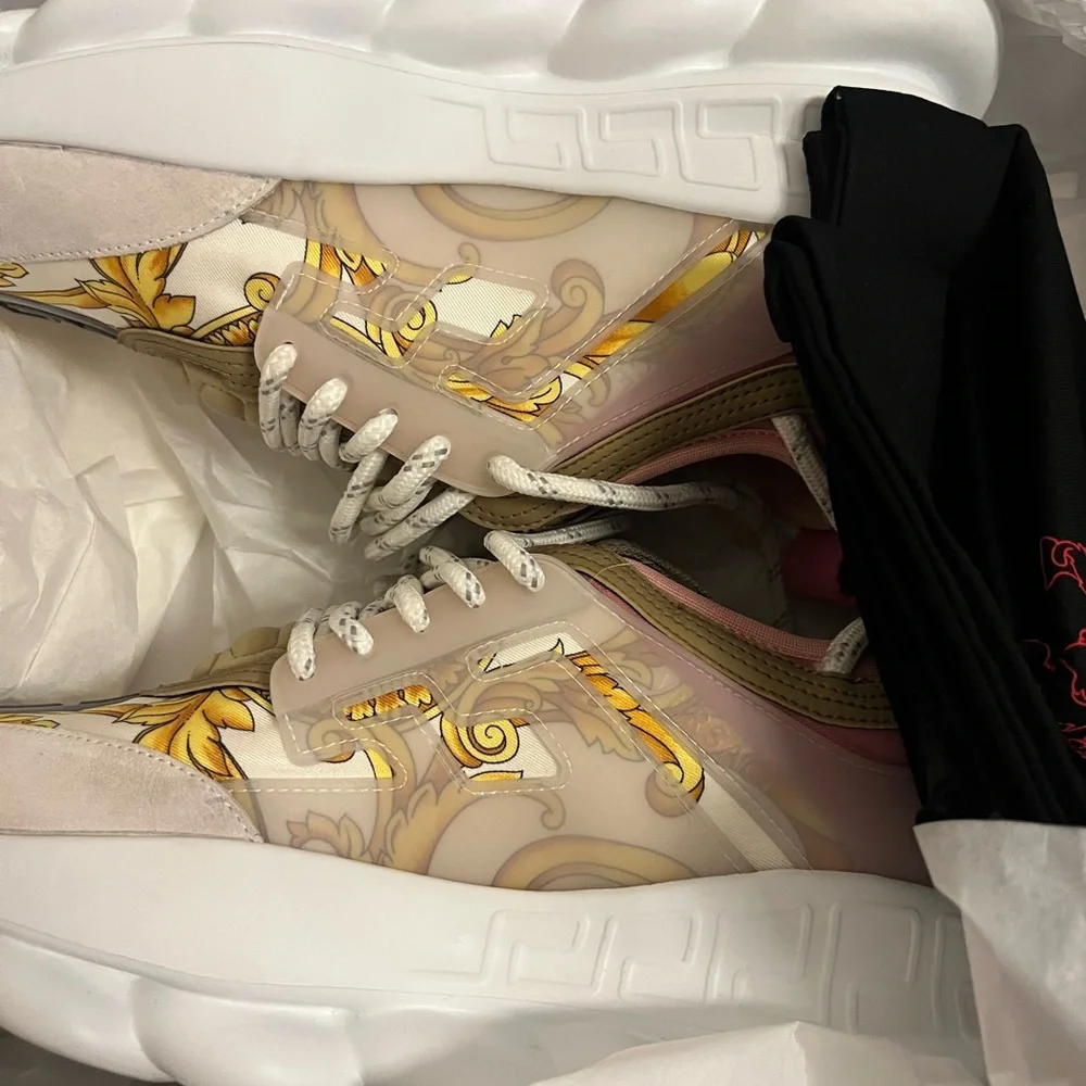 Versace Pink Beige Gold Barocco Platform Sneakers